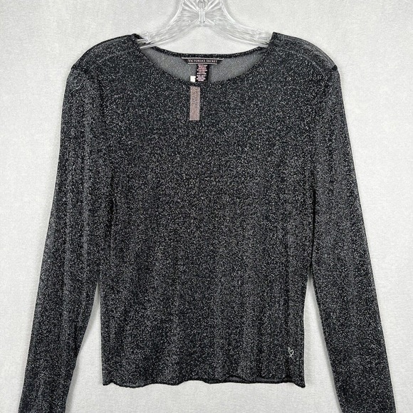 NWT Victoria's Secret Top XS Black Shimmery Sheer Long Sleeve Y2K Shirt - Picture 4 of 11